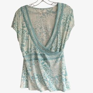 Banana Republic Silk Wrap Front Shirt Sleeve Top Aqua Blue Green White SZ M